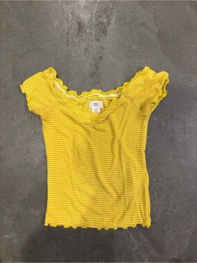 BDG Yellow Striped Ruffle Off-Shoulder Crop Top